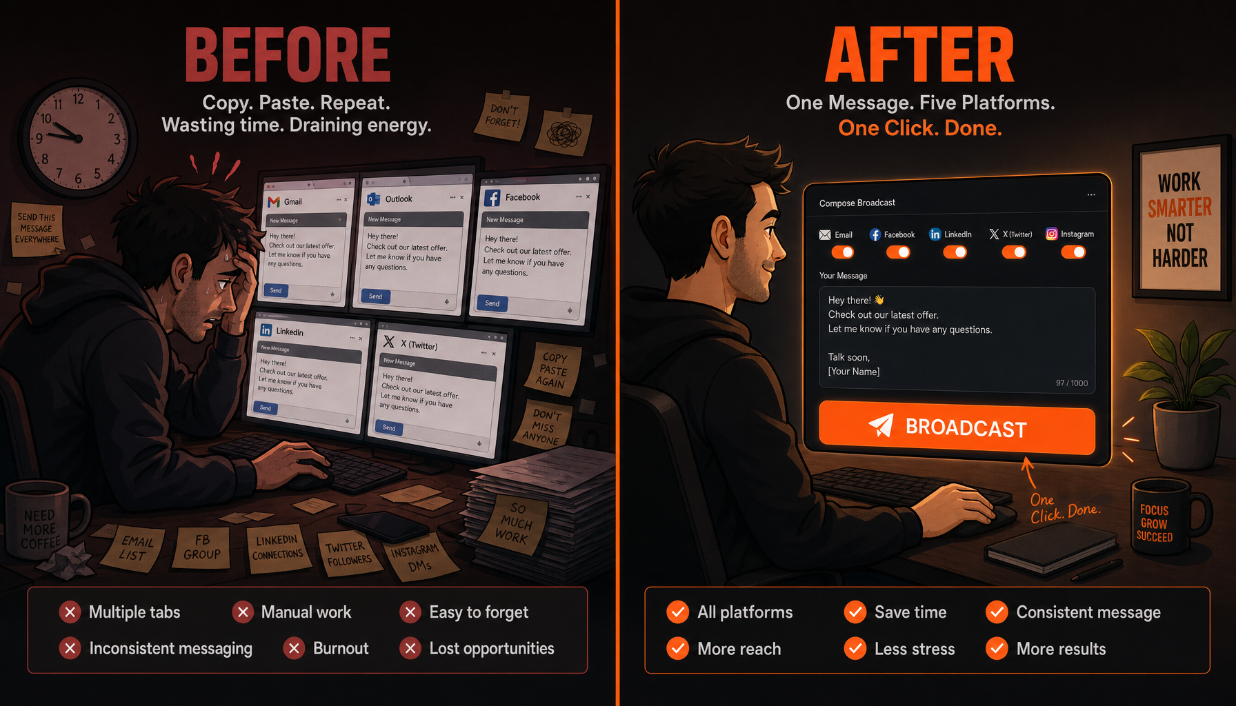 Before: frustrated operator copy-pasting across 5 platforms. After: one compose window broadcasting to all 5 with one click.